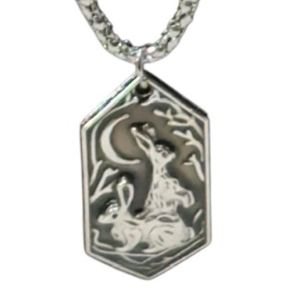 UNBRANDED SILVER Rabbits Under The CRESCENT Moon STATEMENT Necklace Pendant - Picture 4 of 11